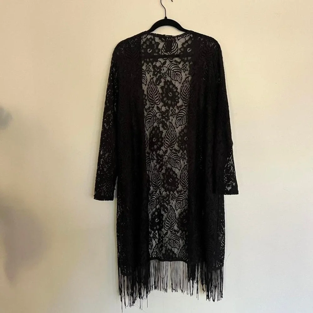 Y2K Whimsigoth Black Lace Long Sleeve Cardigan with Fringe Hem 3X Plus Size - Picture 2 of 8